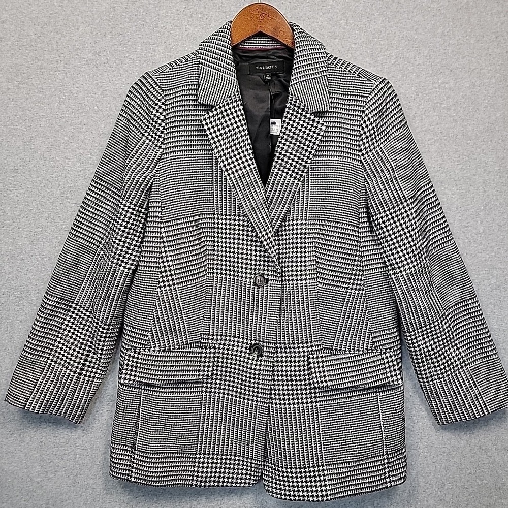 NWT TALBOT'S Black White Plaid Houndstooth Cotton Stretch Blazer Jacket Classic